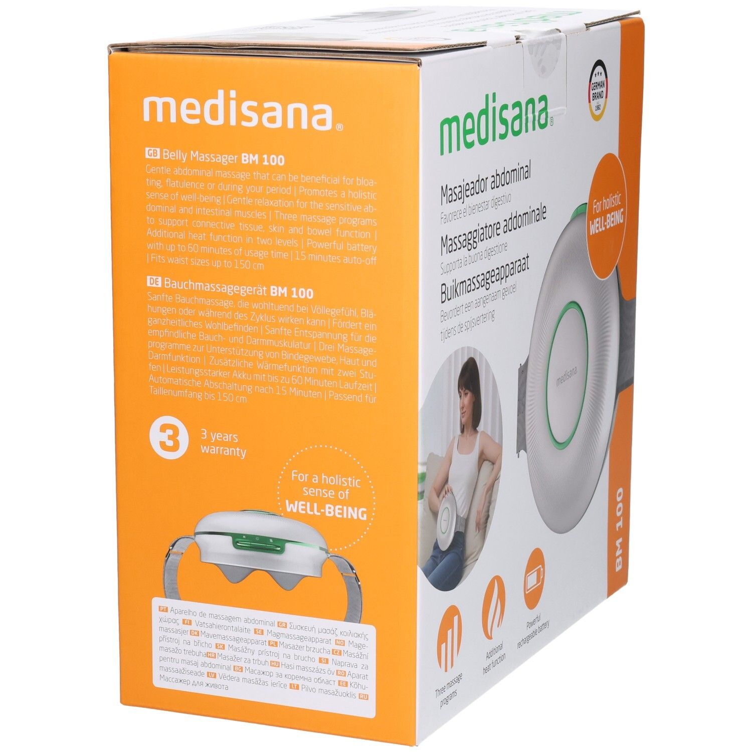 Medisana BM 100 appareil de massage abdominal, arrière de l'emballage avec informations de garantie.