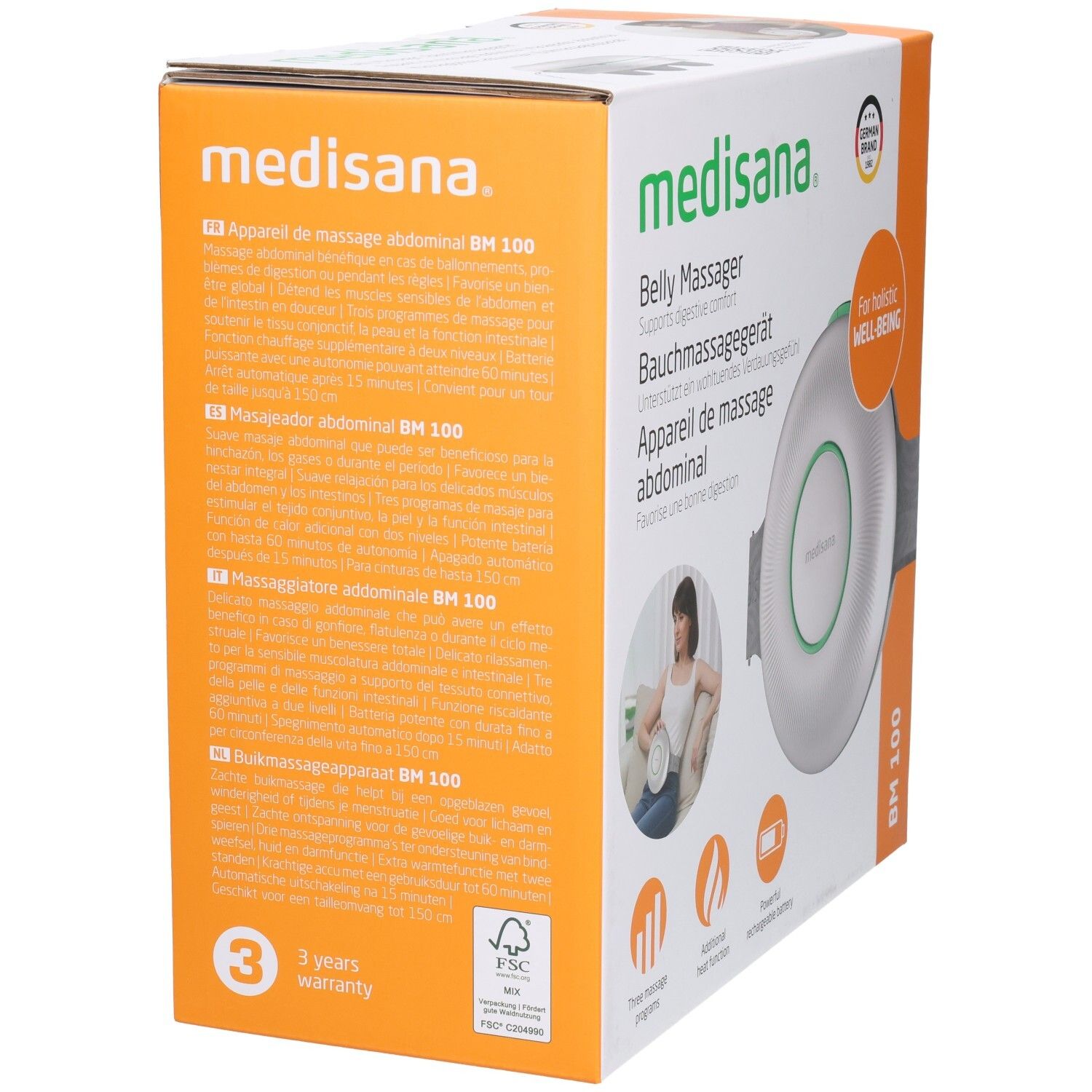 Medisana BM 100 appareil de massage abdominal, côté de l'emballage avec informations produit.