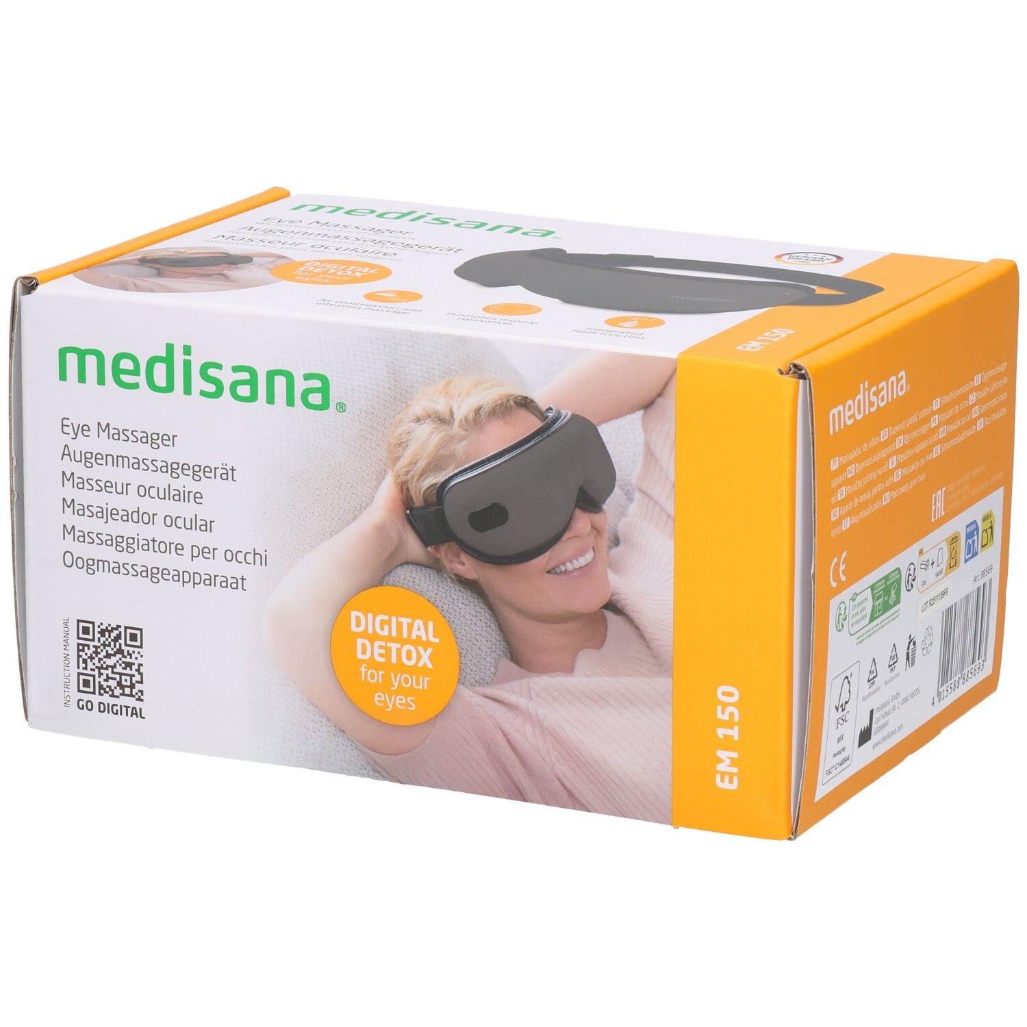 Verpakking van de Medisana EM 150 oogmassager met afbeelding van een vrouw die het apparaat draagt.