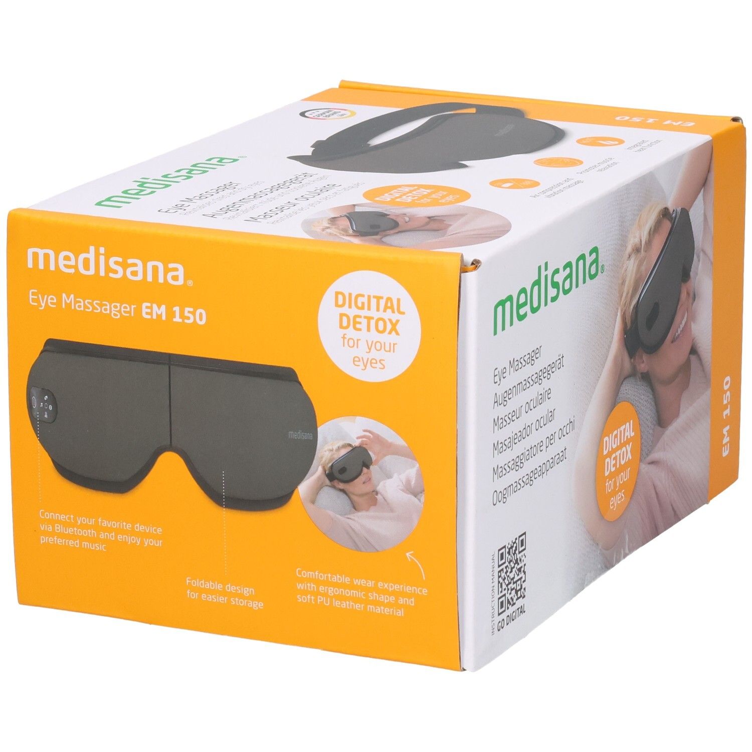 Medisana EM 150 oogmassager op de verpakking, met productkenmerken en gebruiksomschrijving.