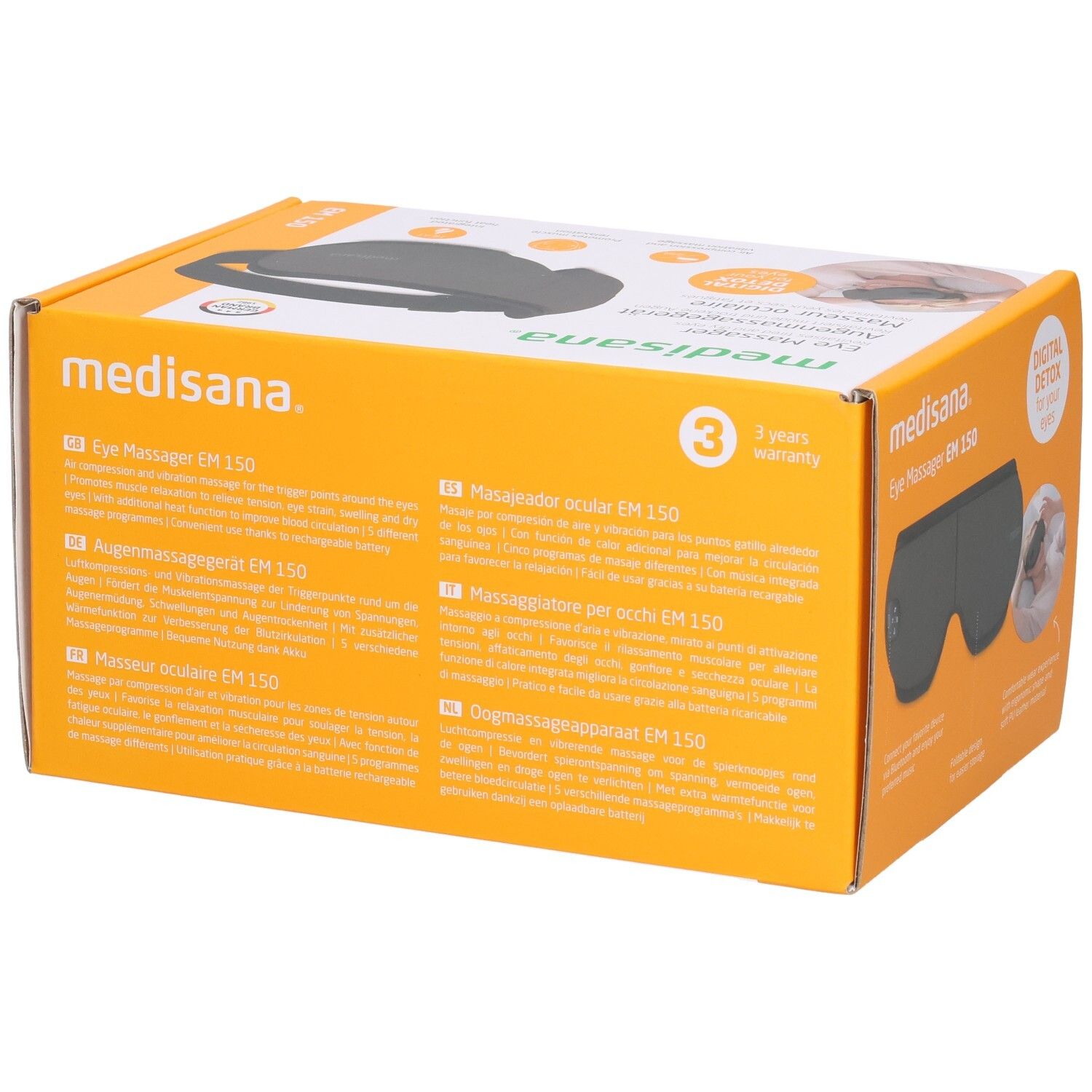 Achterkant van de Medisana EM 150 oogmassager verpakking met meertalige productinformatie en zegels.