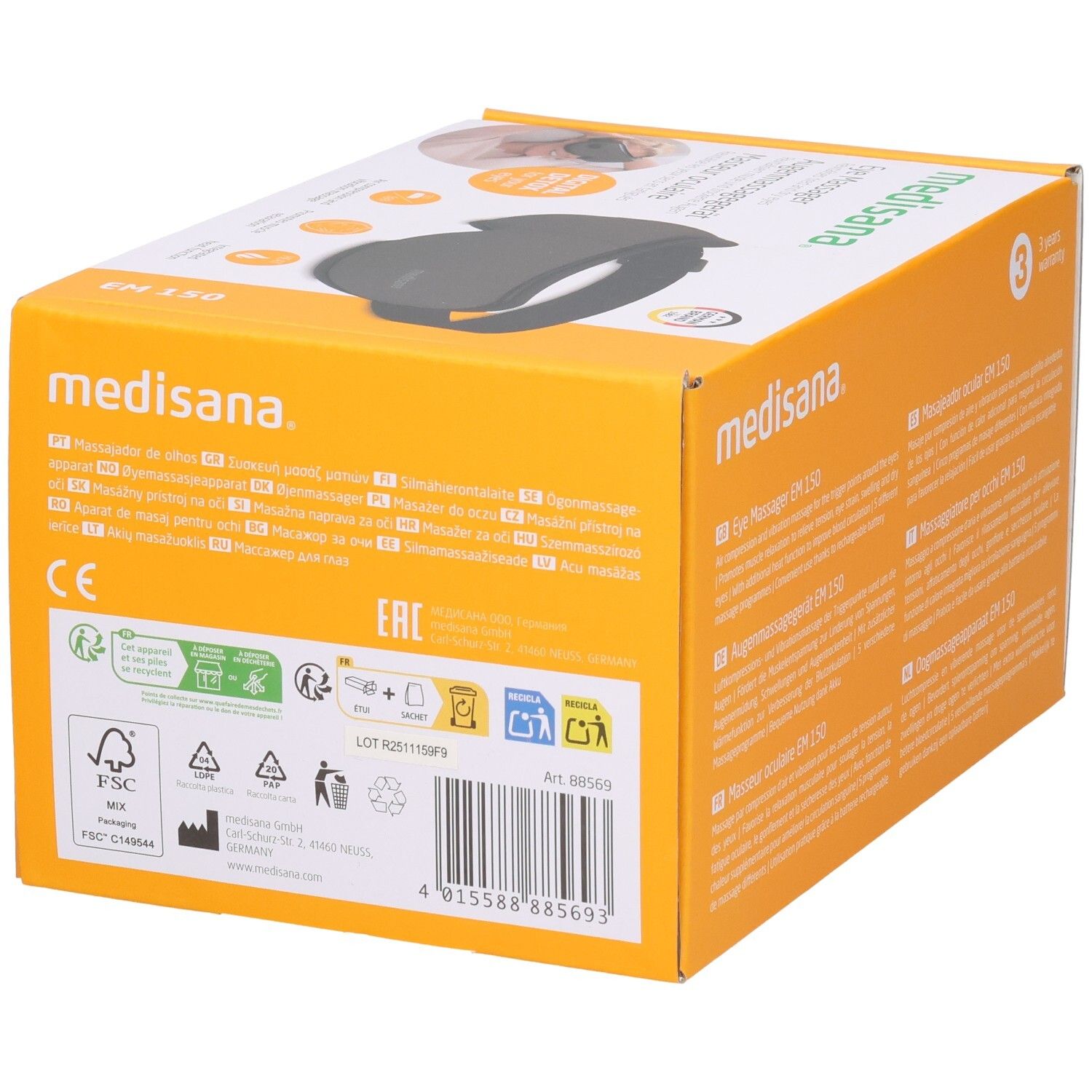 Zijkant van de Medisana EM 150 oogmassager verpakking met CE- en EAC-zegels en barcode.