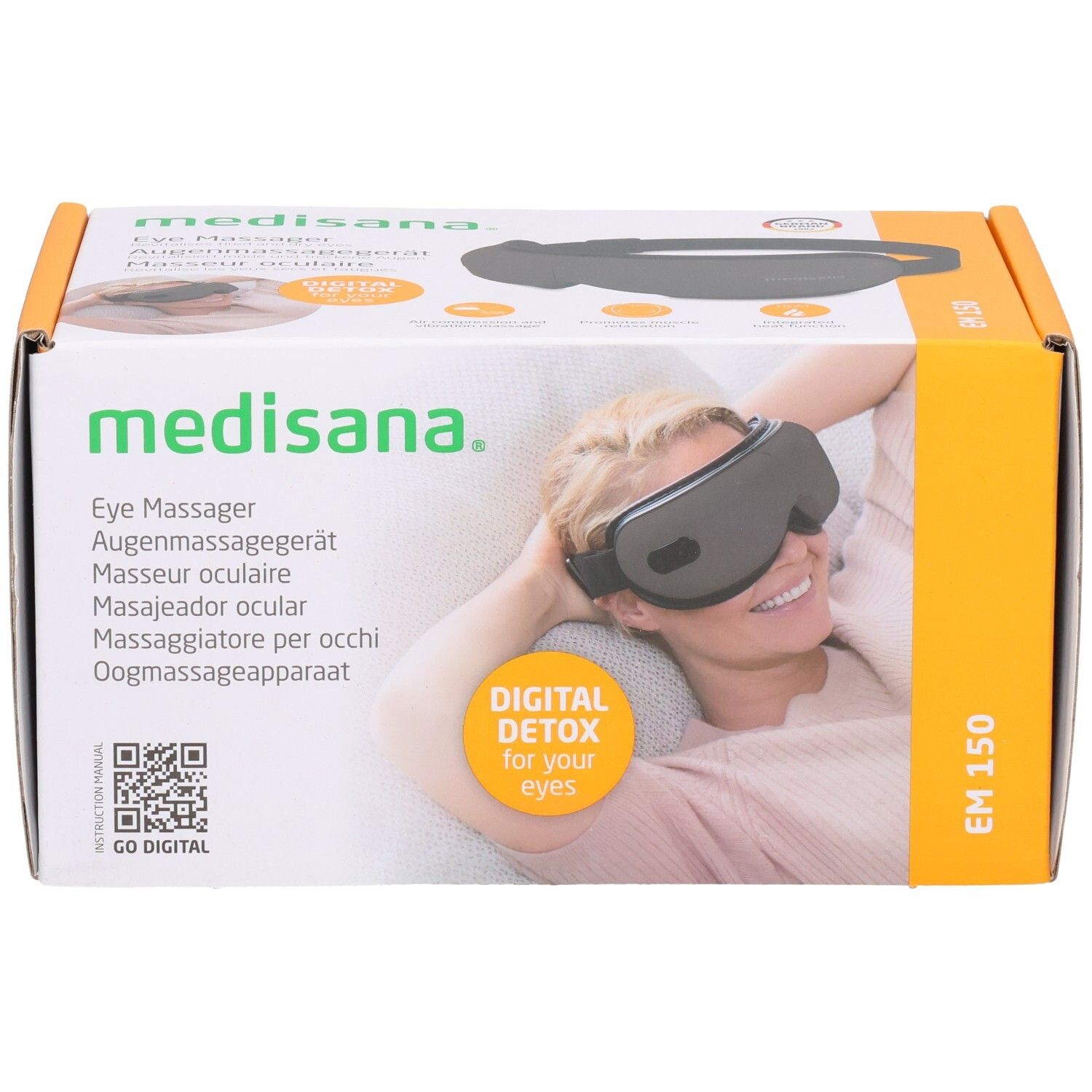 Verpakking van de Medisana EM 150 oogmassager met afbeelding van een vrouw die het apparaat draagt.