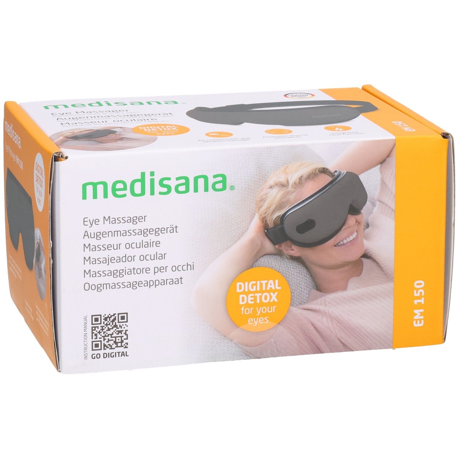 Medisana EM 150 oogmassager op de verpakking, met productkenmerken en gebruiksomschrijving.