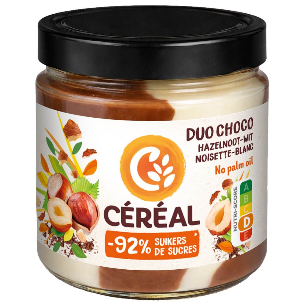 Bocal de tartinade Céréal Duo Choco, noisette et chocolat blanc.