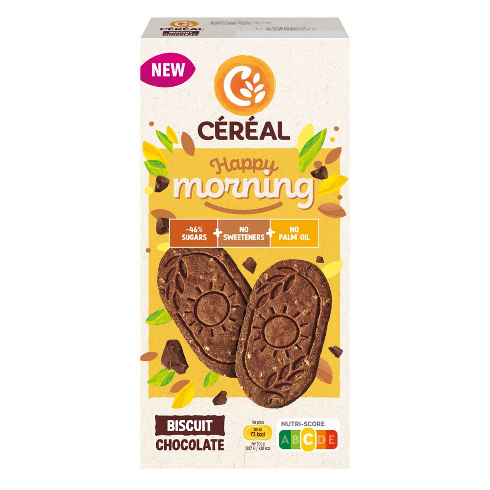 Céréal Happy Morning Chocoladekoekjes: -46% suiker, geen zoetstoffen, geen palmolie. Nutri-score B.