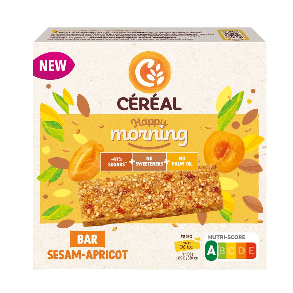 Barre Céréal Happy Morning, sésame-abricot. Avec informations nutritionnelles et Nutri-Score.