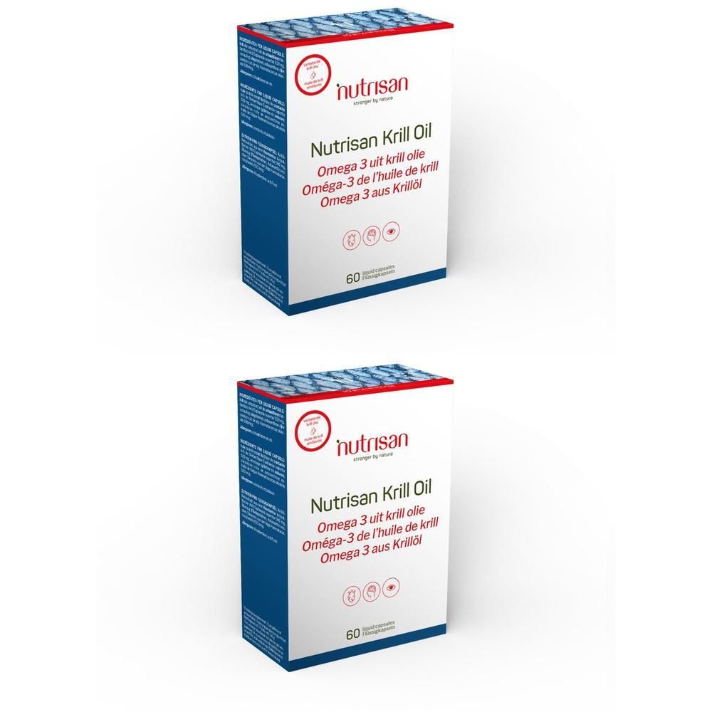 Deux boîtes de Nutrisan Krill Oil, chacune contenant 60 capsules.
