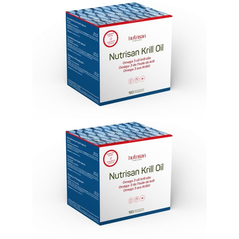 Deux boîtes de Nutrisan Krill Oil, riches en Oméga-3.