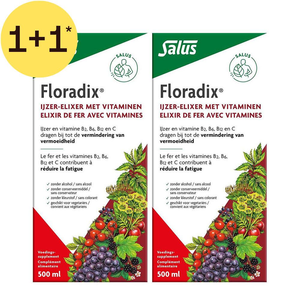 Twee flessen Floradix ijzer-elixer met vitaminen, 500 ml. Zonder alcohol, conserveermiddelen, kleurstoffen.