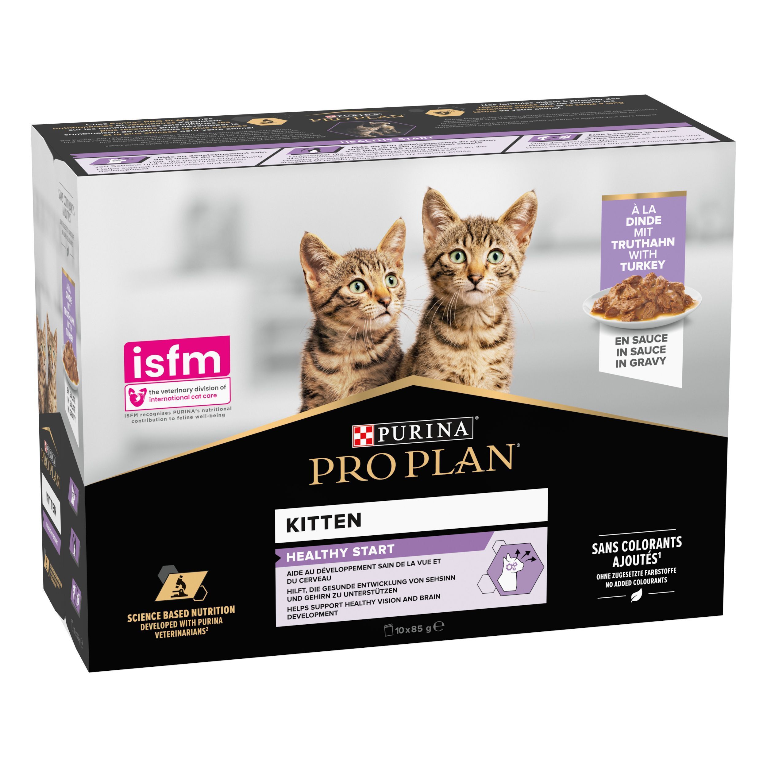 Purina Pro Plan Kitten Healthy Start voerdoos met twee kittens en kalkoen in saus.