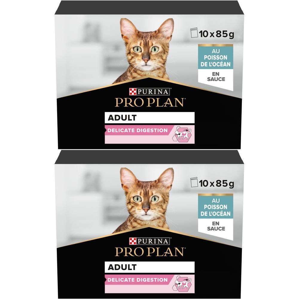 Deux paquets de nourriture pour chats Purina Pro Plan Adult Delicate Digestion, 10x85g.