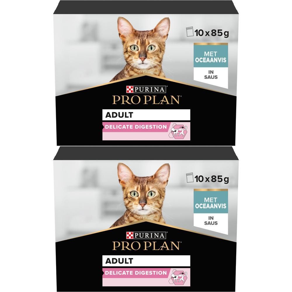 Twee pakken Purina Pro Plan Adult Delicate Digestion kattenvoer, elk 10x85g, met zalm.