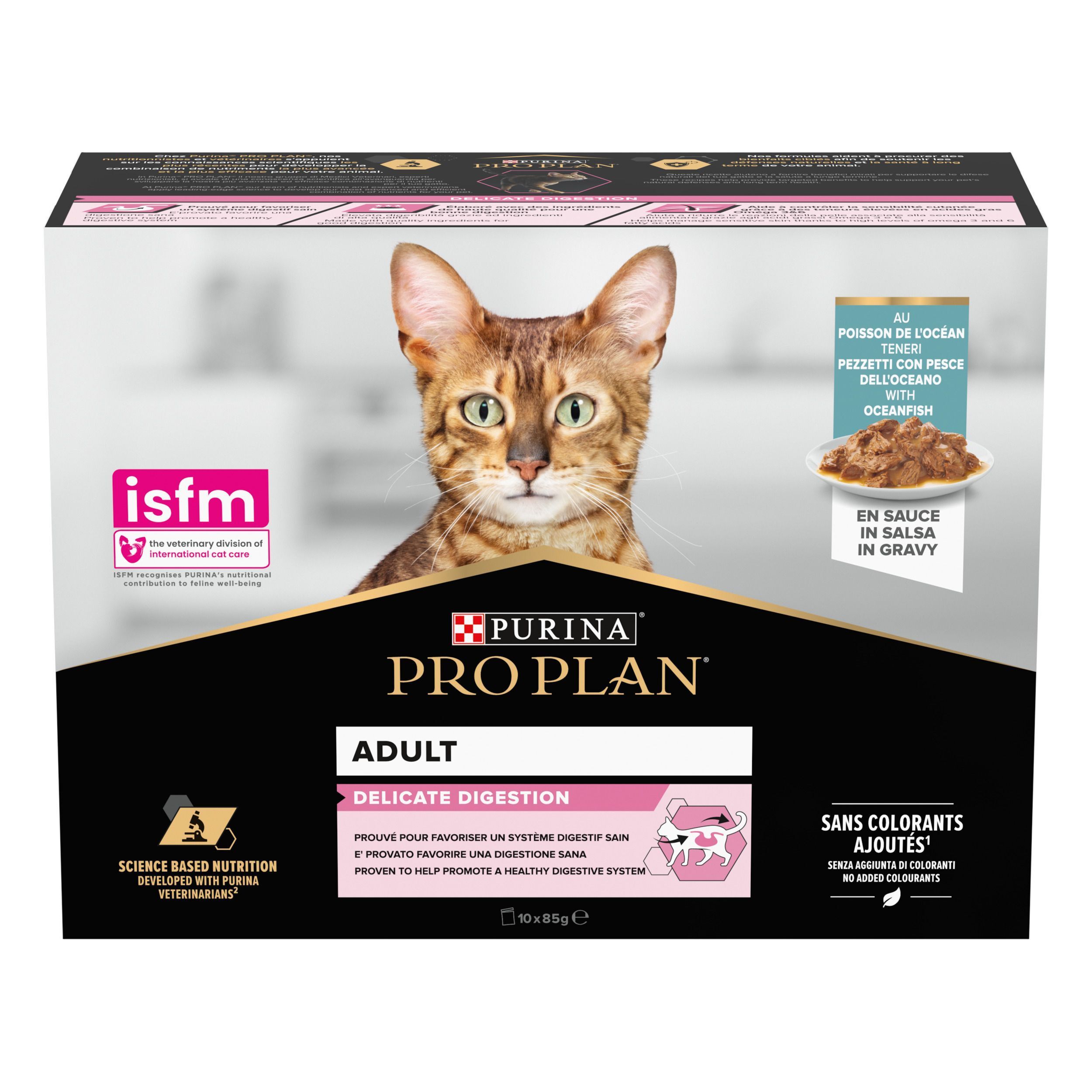 Purina Pro Plan Adult Delicate Digestion kattenvoerdoos met kattenafbeelding en productinformatie.