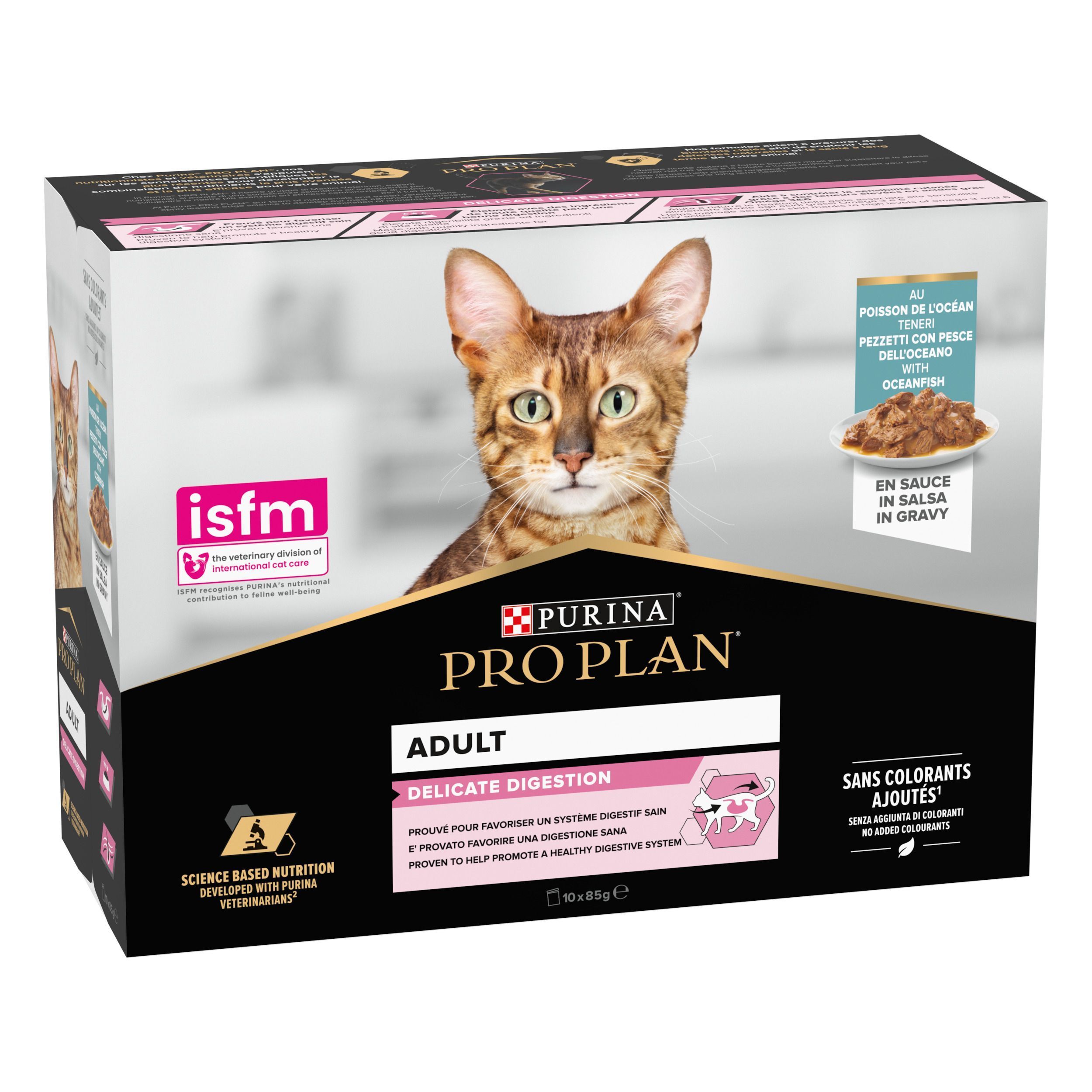 Verpakking Purina Pro Plan Adult Delicate Digestion kattenvoer met vis in saus.