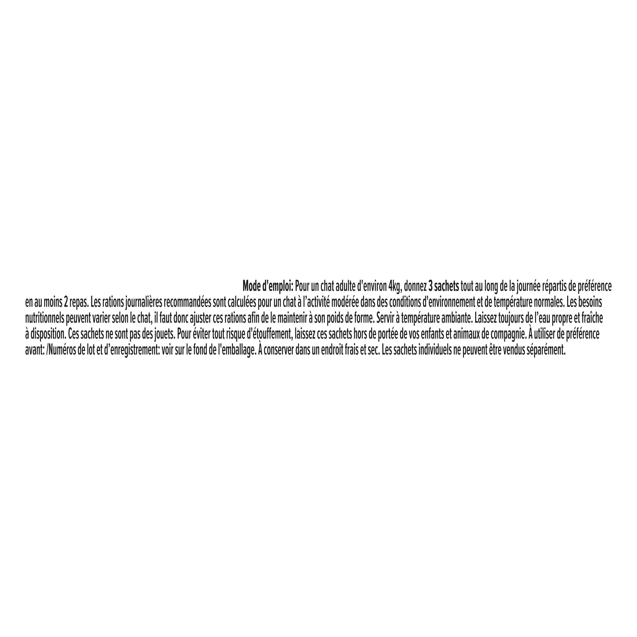 Instructions pour Purina Pro Plan Sterilised Adult nourriture pour chats, 3 sachets par jour pour un chat de 4kg.