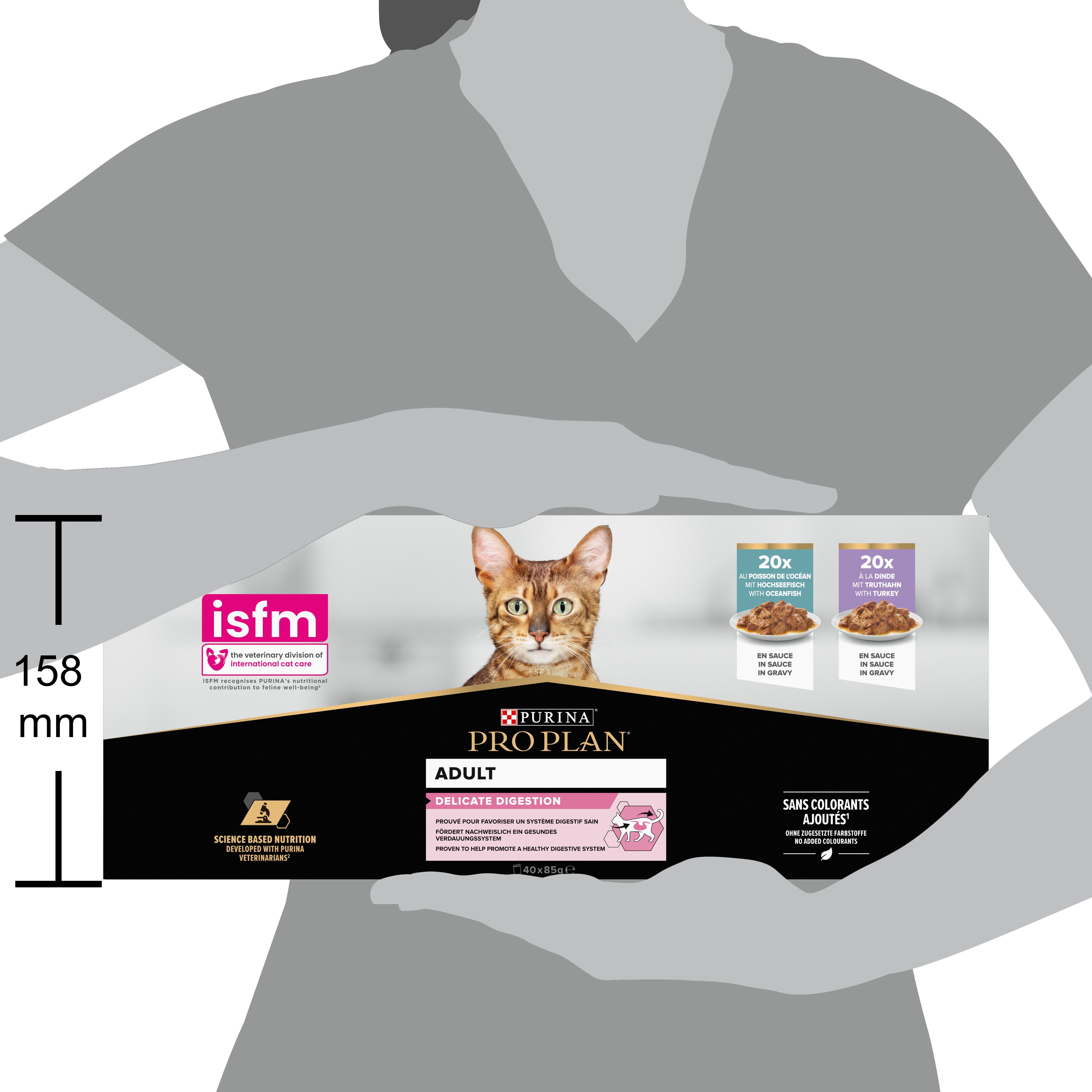 Boîte de nourriture pour chats Purina Pro Plan Adulte, 158 mm de haut, avec sceau ISFM et image de chat.