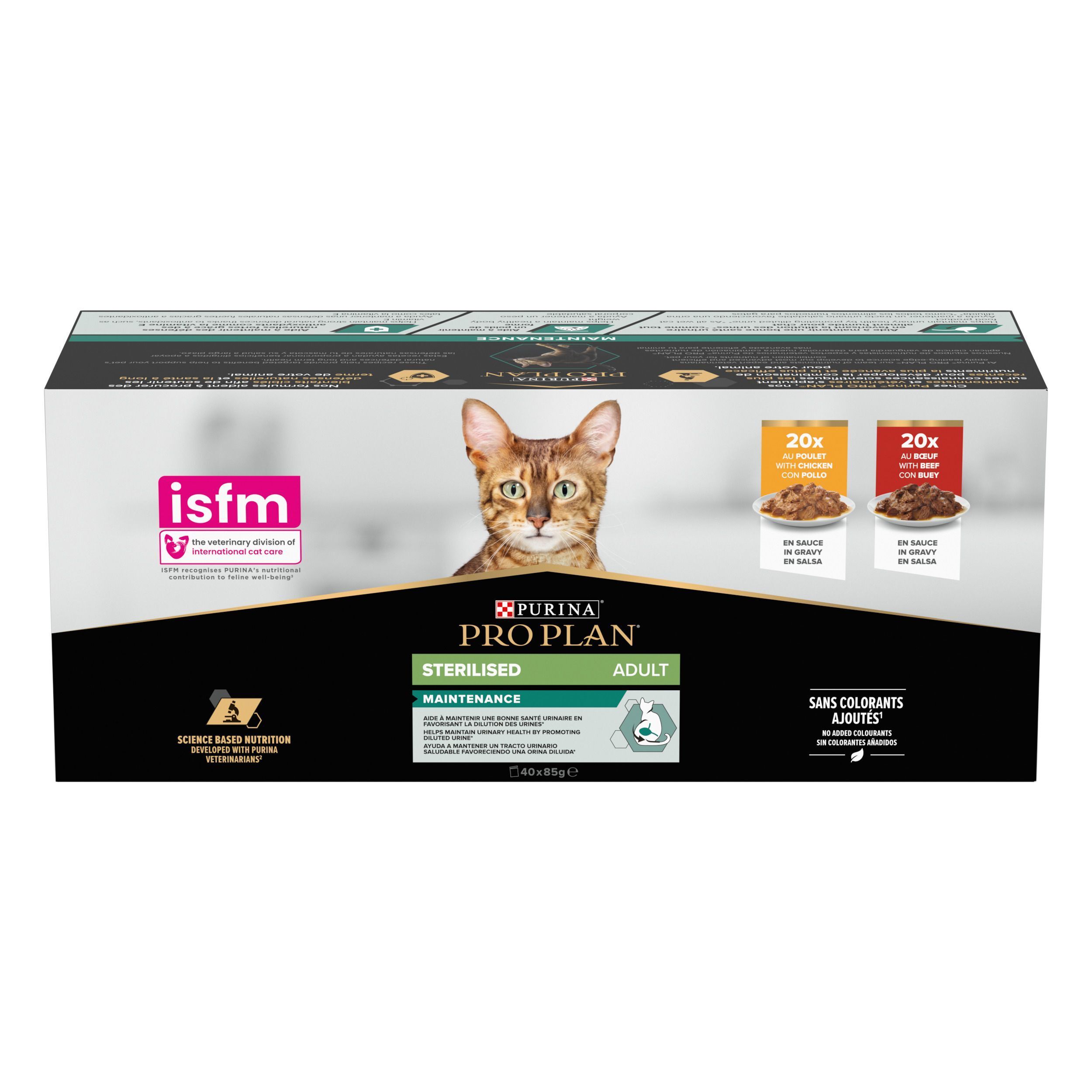 Boîte de nourriture pour chats Purina Pro Plan Adulte Stérilisé Maintenance, certifiée ISFM.
