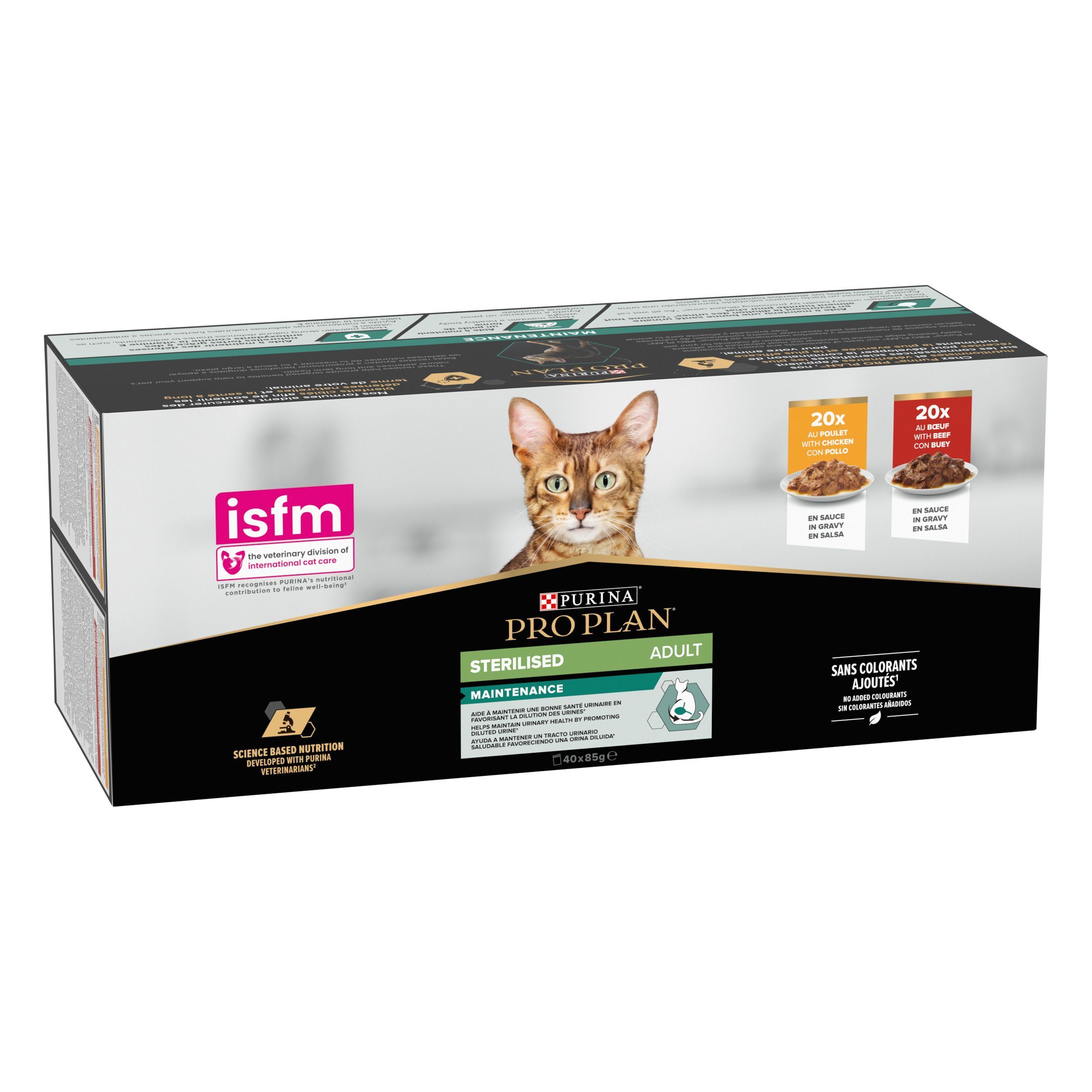 Boîte Purina Pro Plan Adult Sterilised Maintenance pour chats, vue de trois quarts avant, avec un chat et des informations produit.