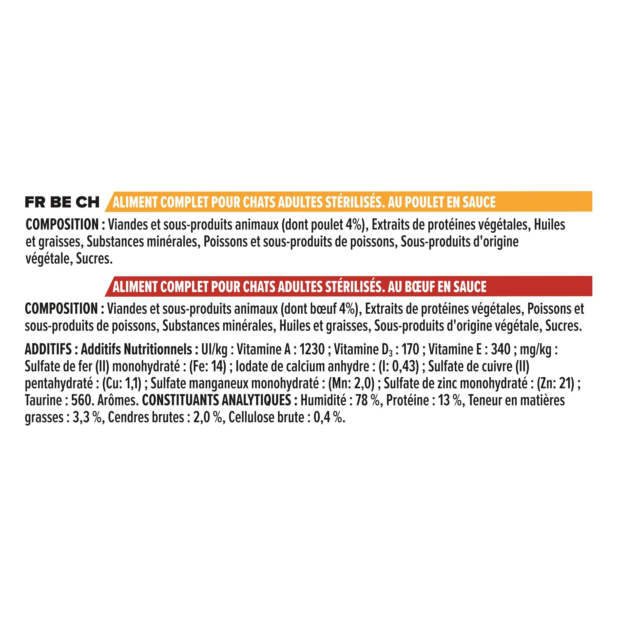 Emballage de nourriture pour chats Purina Pro Plan Adult Sterilised avec informations sur la composition et les additifs pour poulet et bœuf.