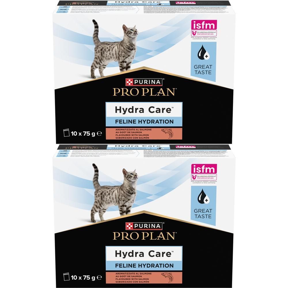 Twee pakken Purina Pro Plan Hydra Care kattenvoer, 10x 75g zakjes, met zalm.