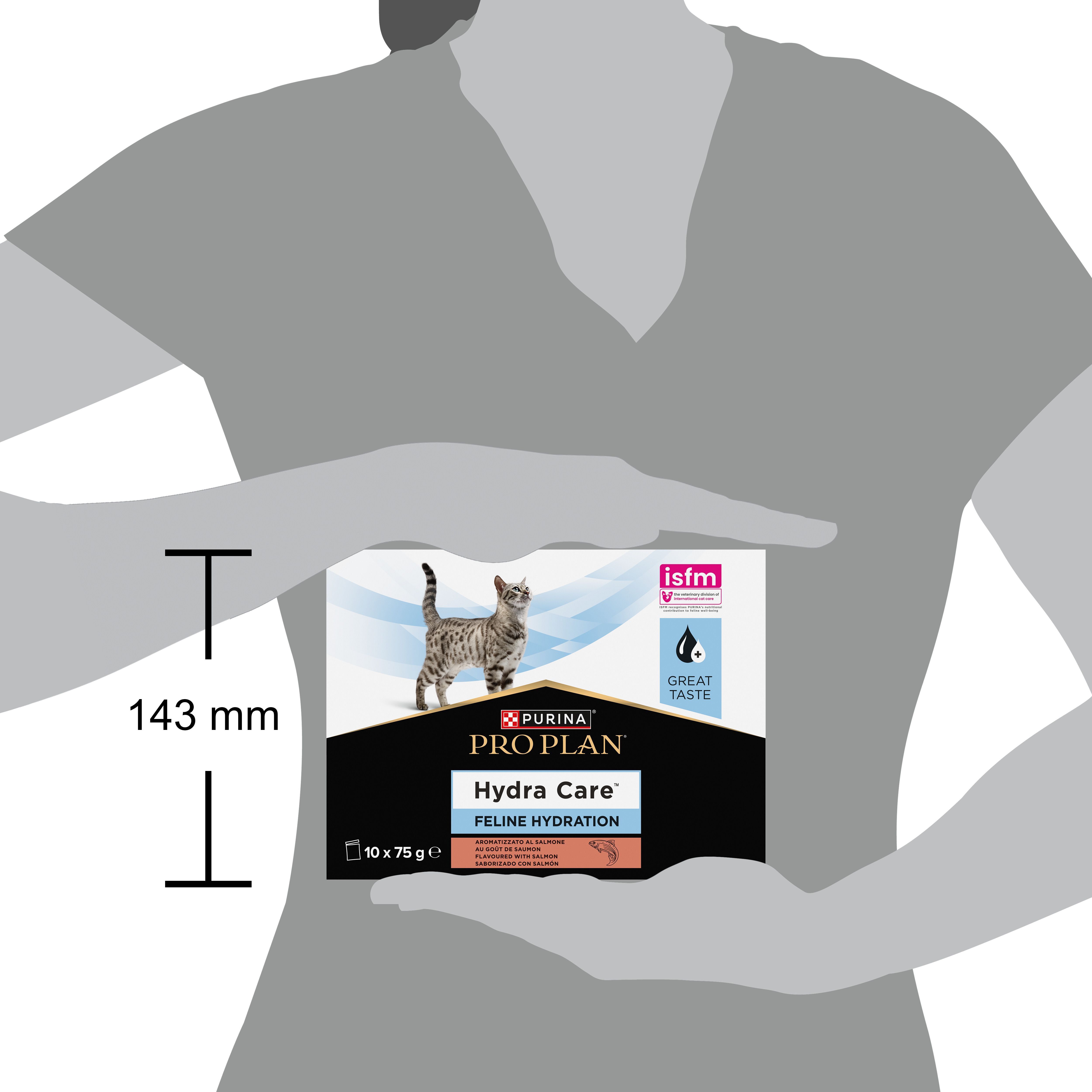 Boîte de nourriture pour chats Purina Pro Plan Hydra Care, 10x75g, tenue par une personne.
