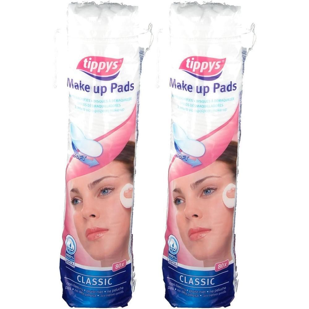 Deux paquets de Tippys Make-up Pads Classic. Chaque paquet montre une femme et contient 80 cotons.