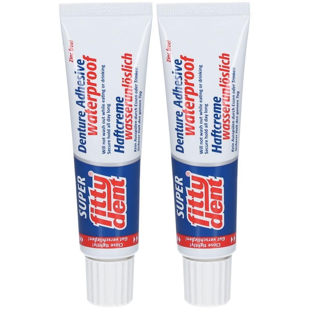 Twee tubes Super Fitty Dent hechtcrème waterdicht.