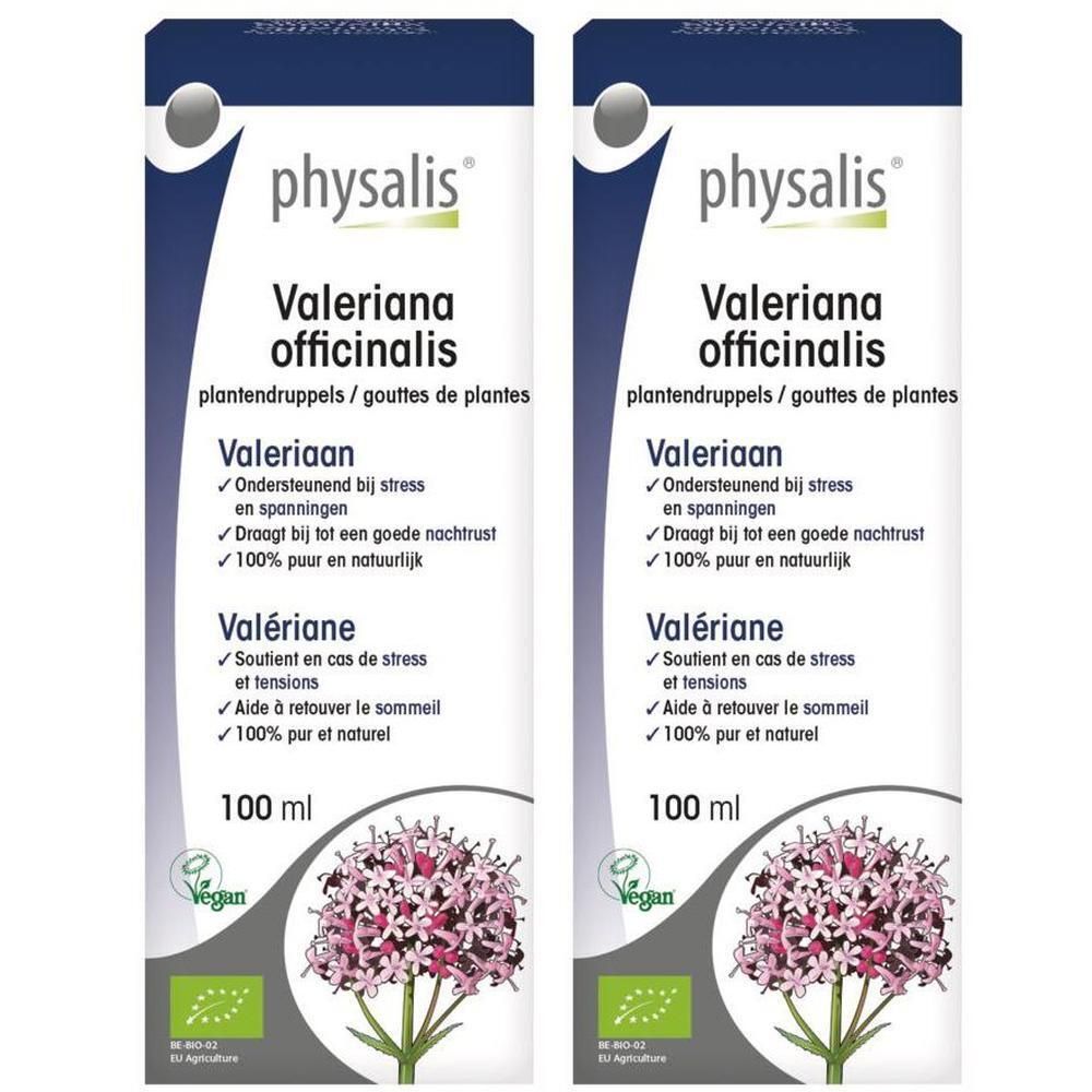 Twee flacons Physalis Valeriana officinalis tinctuur, 100 ml.