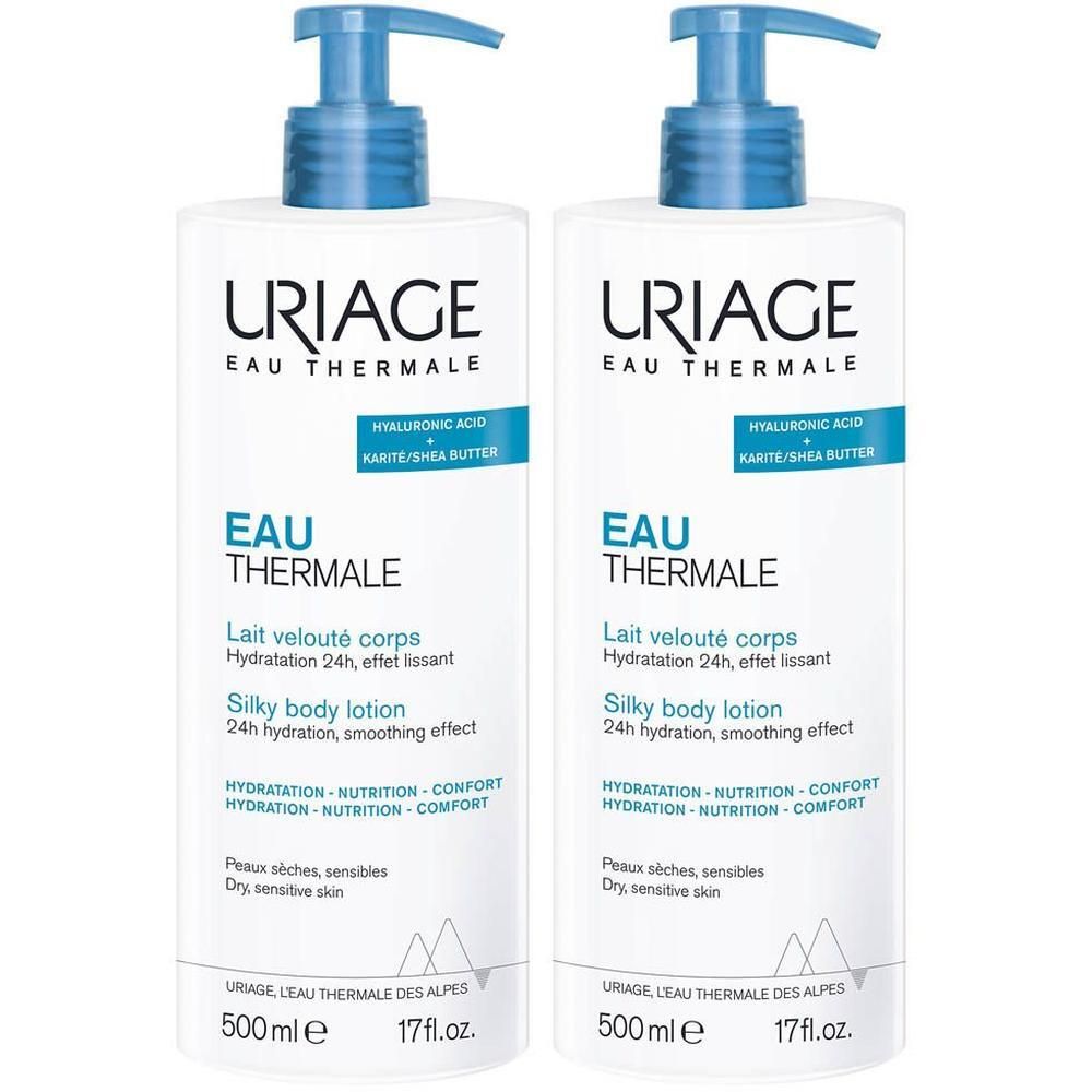 Twee Uriage Eau Thermale Silky Body Lotion pompflesjes, elk 500ml.