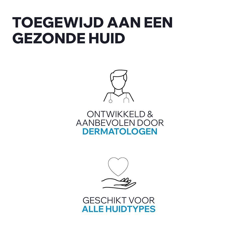 Illustraties: arts, hart in handen. Tekst: Voor een gezonde huid, ontwikkeld door dermatologen, geschikt voor alle huidtypen.