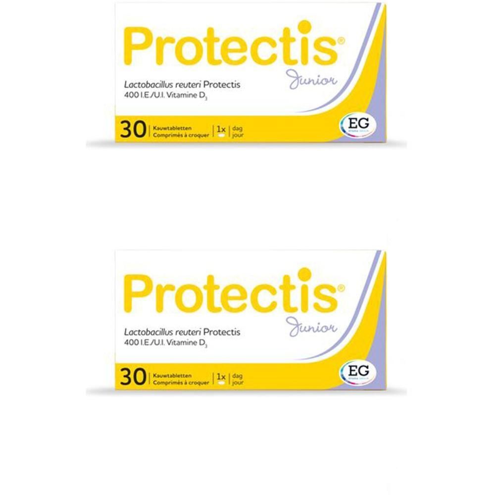 Deux boîtes de Protectis Junior, 30 comprimés à croquer chacune. Contient Lactobacillus reuteri Protectis et Vitamine D.