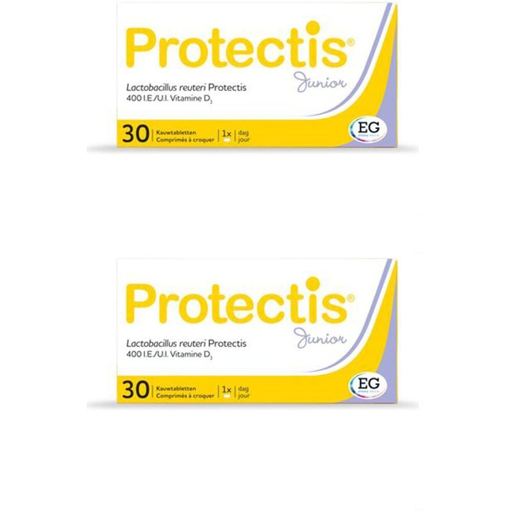 Twee verpakkingen Protectis Junior kauwtabletten, elk 30 tabletten. Bevat Lactobacillus reuteri Protectis en Vitamine D.