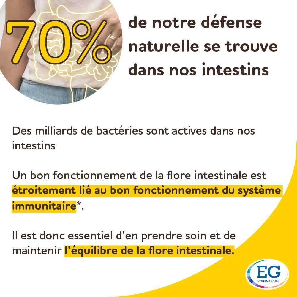 Graphique avec 70% et représentation d'intestins, soulignant l'importance de l'intestin pour la défense naturelle.