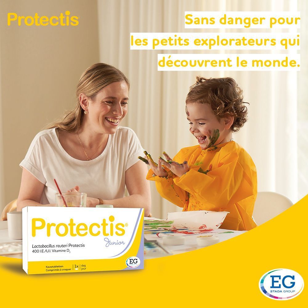 Emballage de Protectis Junior avec Lactobacillus rhamnosus GG et Vitamine D, pour enfants.