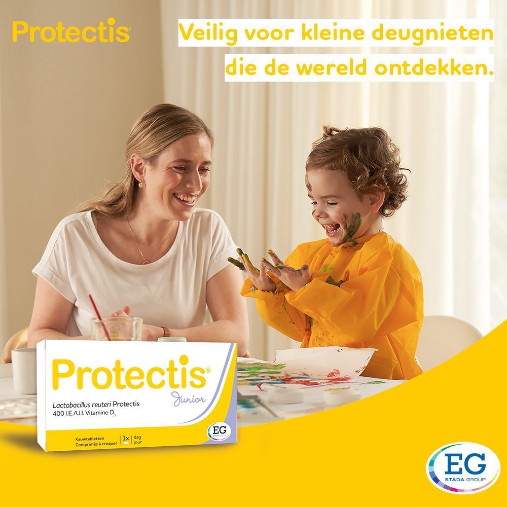 Verpakking Protectis Junior kauwtabletten, 30 stuks. Bevat Lactobacillus reuteri Protectis en Vitamine D3.
