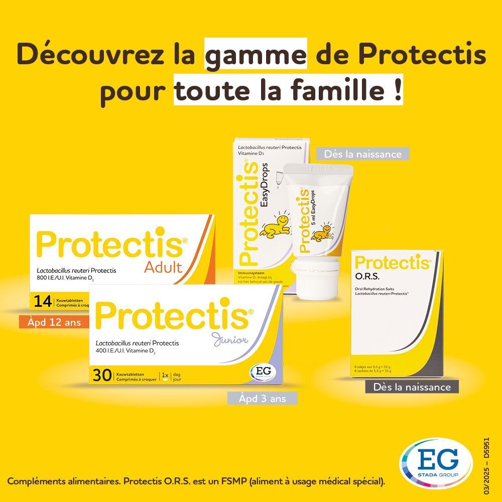 Vue d'ensemble de la gamme Protectis pour toute la famille : Adult, Junior, EasyDrops, ORS.