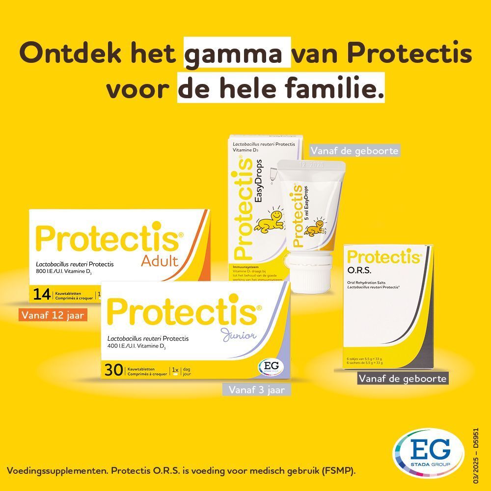 Meerdere Protectis-producten voor verschillende leeftijdsgroepen op een gele achtergrond.