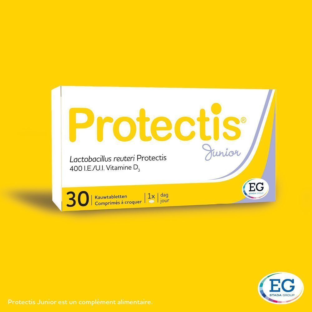 Boîte de comprimés à croquer Protectis Junior avec Lactobacillus reuteri Protectis et Vitamine D3.
