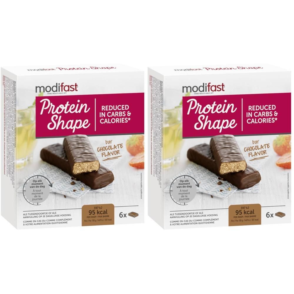 Twee pakken Modifast Protein Shape chocoladerepen, gereduceerd in koolhydraten en calorieën.