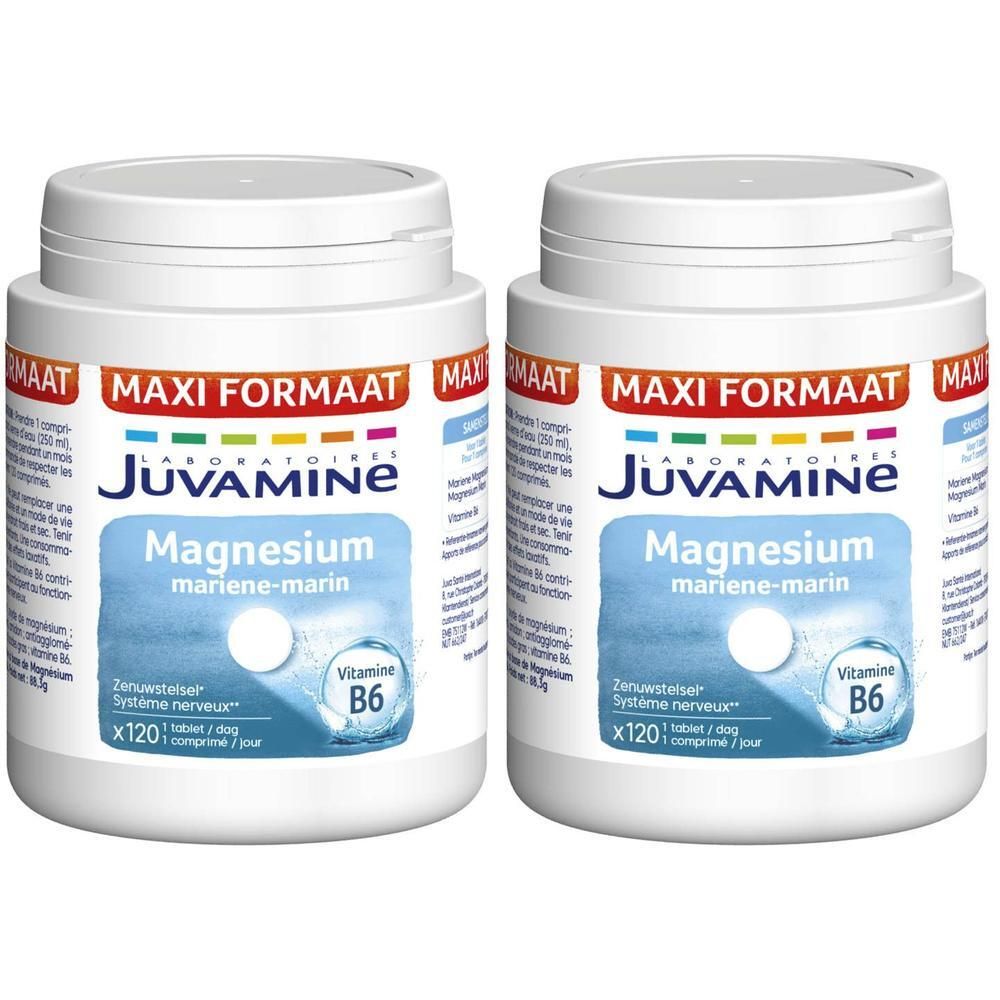 Twee potten Juvamine Magnesium met Vitamine B6.
