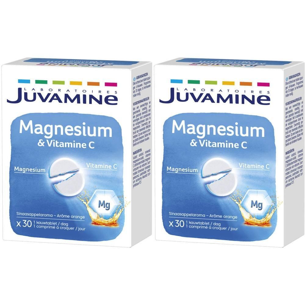 Twee verpakkingen Juvamine Magnesium & Vitamine C kauwtabletten, 30 stuks per stuk.