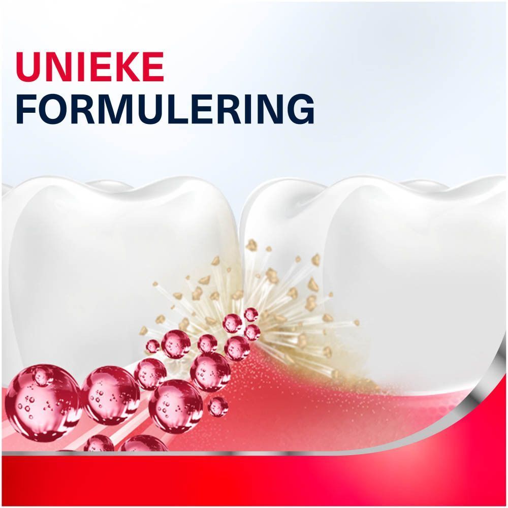 Twee witte tanden met rode bubbels en deeltjes, die een unieke formulering voorstellen.
