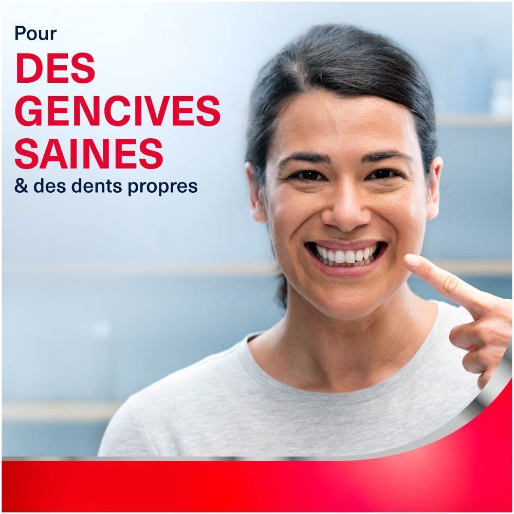 Femme souriante montrant ses dents et gencives saines. Texte : Pour des gencives saines & des dents propres.