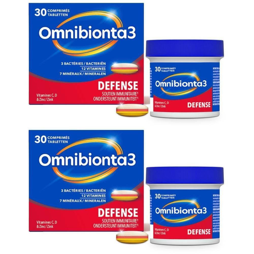 Twee verpakkingen Omnibionta3 Defense met 3 bacteriën, 12 vitaminen, 7 mineralen, vitamines C, D en zink.