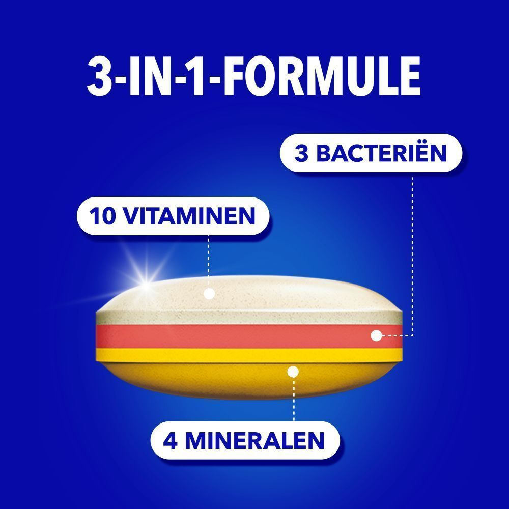 Gelaagde tablet met 10 vitamines, 4 mineralen en 3 bacteriën. 3-in-1 formule.