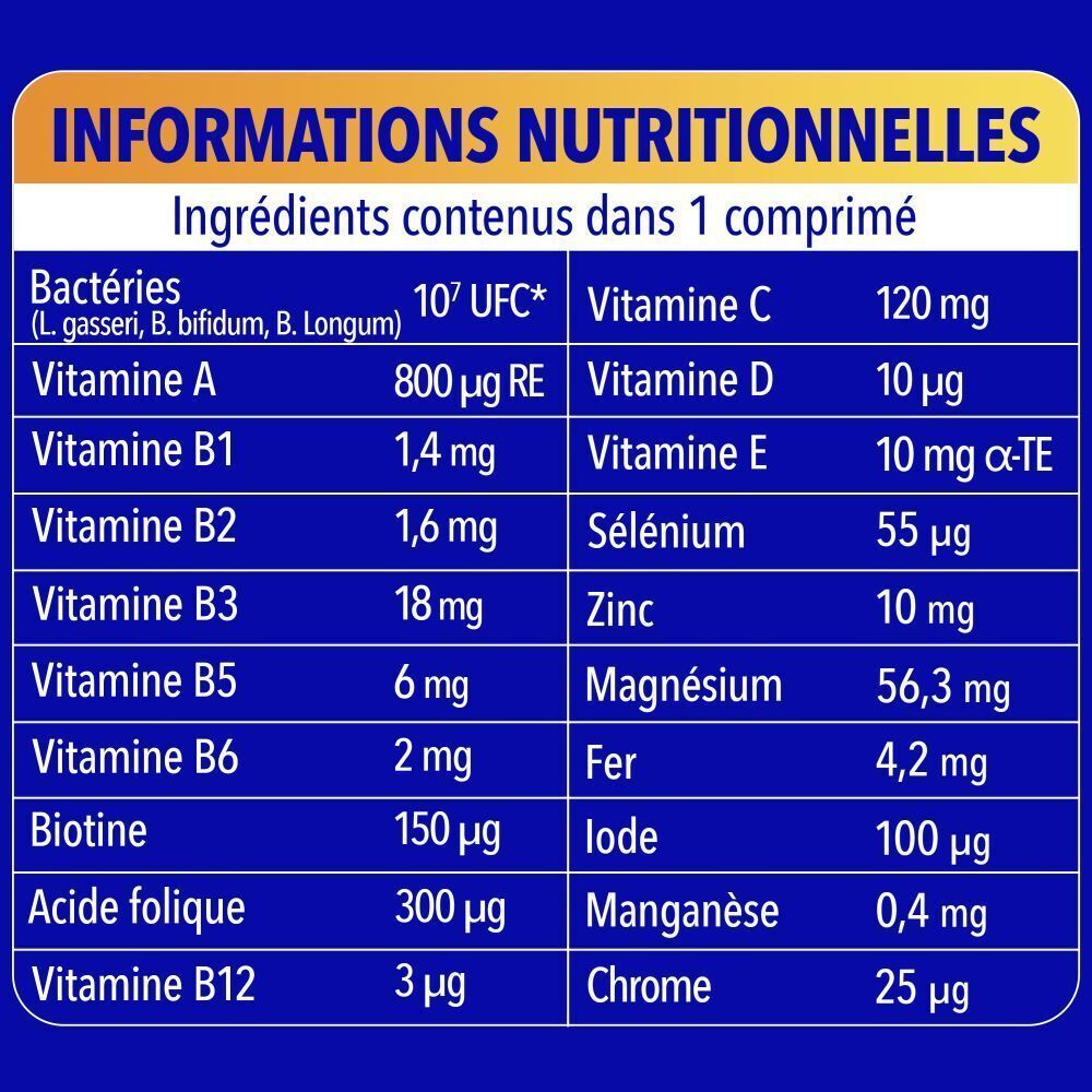 Tableau nutritionnel pour un comprimé, indiquant vitamines, minéraux et cultures bactériennes.