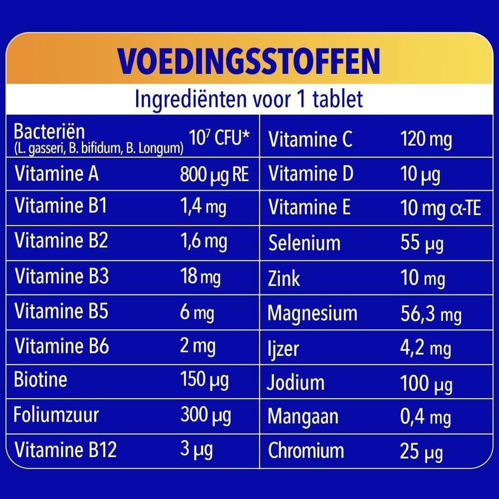 Voedingsstoffen per tablet: Vitaminen A, B1, B2, B3, B5, B6, B12, C, D, E; Foliumzuur, Biotine, Selenium, Zink, Magnesium, IJzer, Jodium, Mangaan, Chroom.