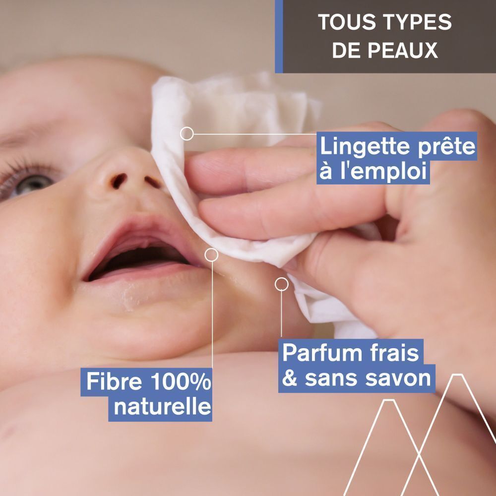 Une main nettoie le visage d'un b
uevo00e9b
uevo00e9 avec une lingette. Textes : "Fibre 100% naturelle", "Parfum frais & sans savon", "Lingette prête à l'emploi", "Tous types de peaux".