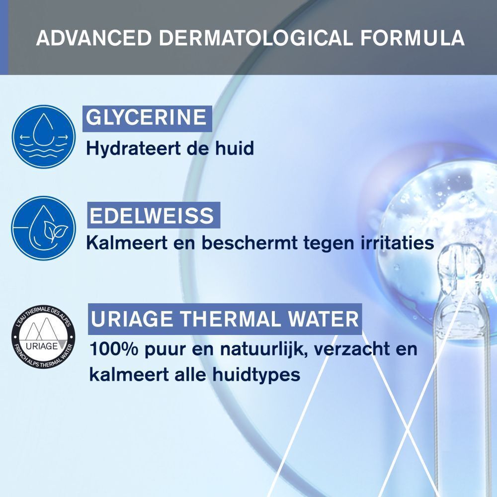 Formule met glycerine, edelweiss en Uriage thermaal water. Tekst: Advanced Dermatological Formula.